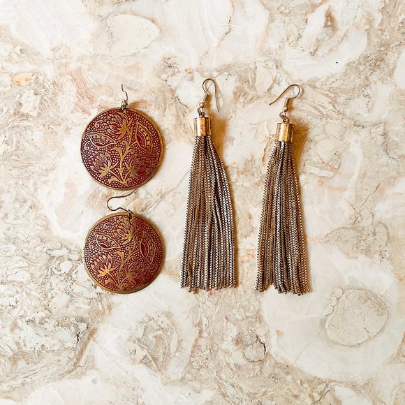 Vintage Jewelry - Bundle (2) Brassy Red Floral Lotus Medallion and Long Box-chain Tassel Earrings